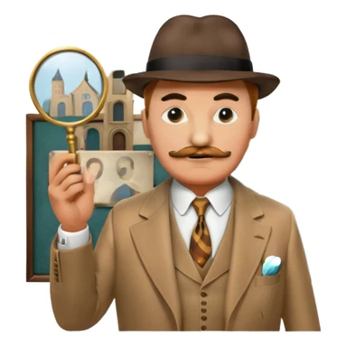 A cinematic-style frame showing Hercule Poirot in his iconic suit with a magnifying glass in a dramatic detective pose. Background should be mysterious city, a board with photos of suspects, clues like fingerprints. Transparent background. sticker