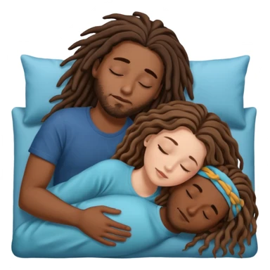 couple sleeping the male is brown skin with dreads and the female is hispanic with fair skin with long wavy brunette hair sticker