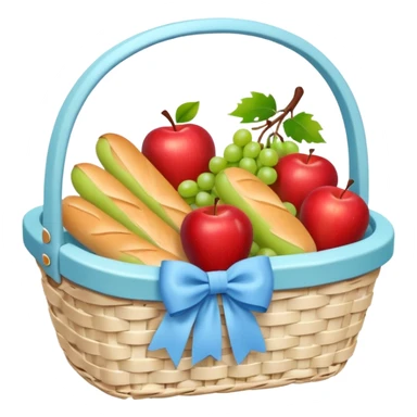 A white Picnic basket with pastel blue bow，contained baguettes and fruit, sticker