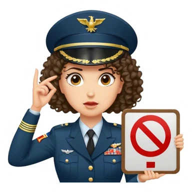 A female military general with medium length curly hair holding a sign that says no sticker