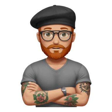 Muscular looking red headed man with beard and rayban glasses wearing a scally cap with sleeve tattoosAns sticker
