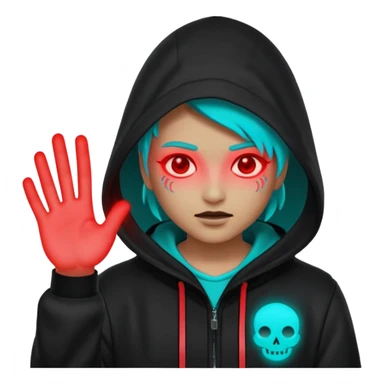 Neon cyberpunk hooded hacker emoji using the exact original palette: crimson red glow, cyan/teal highlights, black shadows. Character shakes head “no” and shows stop hand. Text “NO TO SCAMS” in red neon. Smooth looping animated sticker, transparent background, Discord emoji style. No new colors. sticker