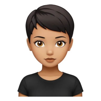 A girl with black short pixie haircut cut, dark brown eyes that almost look like black, caramel tone skin colour. Wearing a black t-shirt.  sticker