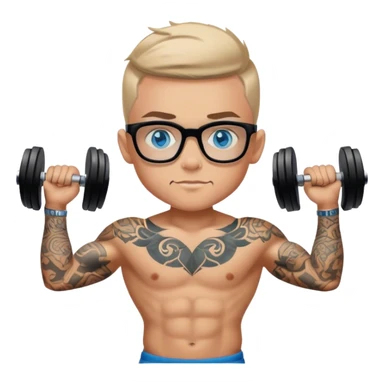 Tattooed boy blue eyes with black glasses lifting weights  sticker