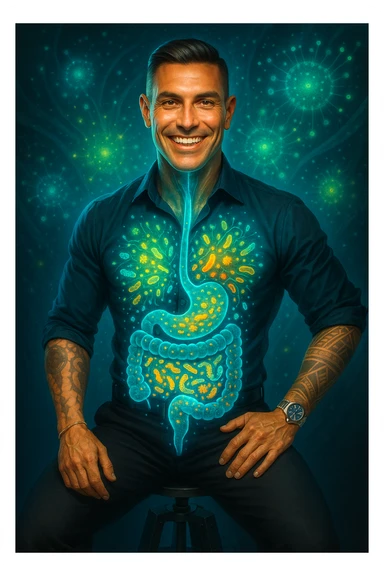 Radiant man with transparent digestive system showing diverse, thriving gut bacteria colonies in perfect balance, beneficial microorganisms glowing like constellation patterns throughout intestines, expression of optimal health and vitality, digestive tract functioning as harmonious ecosystem, immune system strengthened by microbial diversity, energy levels at peak performance sticker