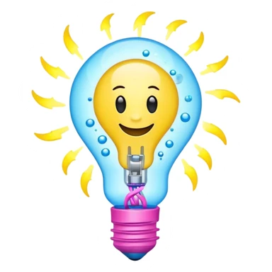 happy lightbulb emoji with spinning atom inside, chemical bubbles, electric lightning bolt coming out from top, colors yellow, neon blue, bright pink, energy and scientific creativity sticker