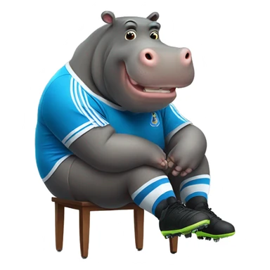 fat hippo as soccer player sit on chair sticker