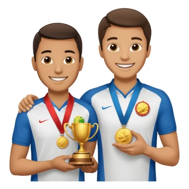 winner ceremony with one guy handing another guy a trophy. One of them having a medal around his neck. the other not sticker