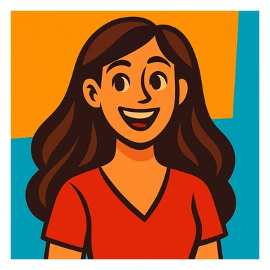 a woman with long chocolate brown hair wearing a red v-neck top, vibrant cartoon style sticker