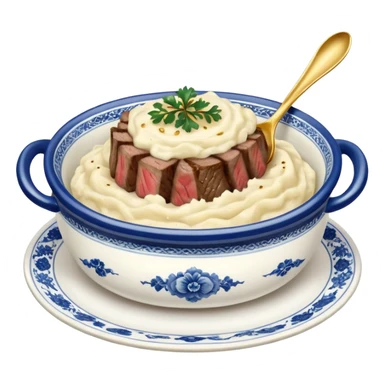 Blue and white China dish bowl with gold spoon, with steak mashed potatoes  sticker