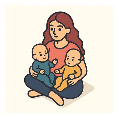 A woman with long wavy hair, large expressive eyes and lips, sitting cross-legged with two babies on her lap, with soft shadows and highlights, in 2D isometric illustration style, inspired by the reference image. sticker