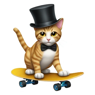 cat riding a skateboard with a top hat sticker
