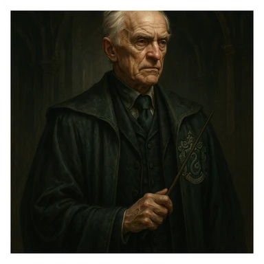 an old version of Draco Malfoy, Slytherin wizard, silver hair, sharp features, elegant robes, looking aged, fantasy style sticker