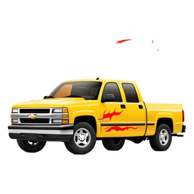 Yellow 1997 Chevrolet Silverado Crew Cab with prominent red flame graphics on the hood and front fenders, 30-degree angle, iconic Kill Bill truck, iOS emoji style sticker