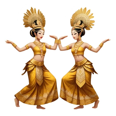 ​Cinematic Realistic Traditional Javanese Dancers, depicted as two graceful dancers in ornate traditional costumes with intricate batik patterns and elaborate headpieces, captured in dynamic poses during a ritual dance in an ancient temple courtyard, rendered with soft golden lighting and rich cultural textures, sticker