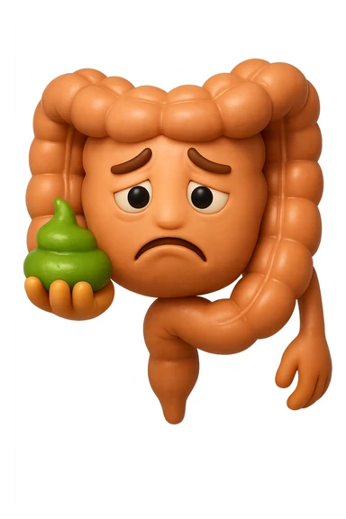 emoji stile iphone 3d di un intestino con espressione triste con cacca verde e liquida in mano, iperrealistiche 4k sticker