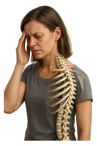 donna stanca che si tiene una mano sulla tempia con spina dorsale anatomica visibile, iperrealistico 4k sticker