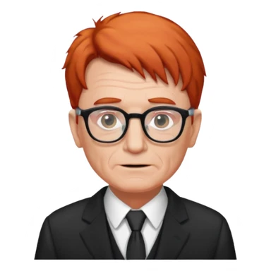 red-haired old man wearing glasses and black-white dress code sticker