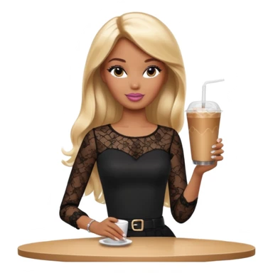 brown skin blonde barbie wearing black lace shirt with iced latte with long French tip nails sticker