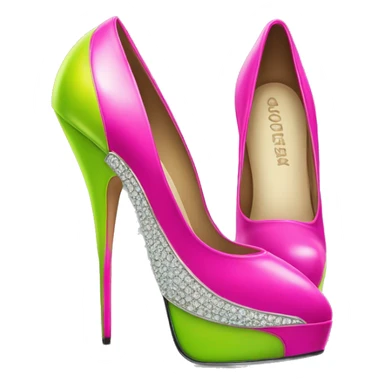 Realistic isolated top view of a pair of hot pink to lime green pointed toe high heel shoes with diamonds on them. sticker
