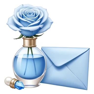 white-blue rose next to a pearl-colored envelope and a flacon of aesthetically pleasing perfume in powder blue  sticker