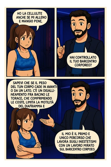 PRENDI SPUNTO DA QUESTO STILE FACENDO UN WEBTOON/MANGA:

LEI (DONNA): Ho la cellulite anche se mi alleno e mangio bene, cosa posso fare?

LUI (UOMO): Hai controllato il tuo baricentro corporeo?
LUI (UOMO): Sapevi che se il peso del tuo corpo cade in avanti o da un lato, c’è un disallineamento fra bacino e torace, che comprimendo le coste, limita la motilità del diaframma e l’ossigenazione dei tessuti?
LUI (UOMO): Il mio è il primo e unico percorso che lavora sugli inestetismi con un lavoro mirato sul baricentro corporeo. sticker