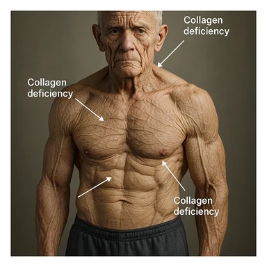 hyper realistic young bodybuilder aged due to low collagen, well visible muscles, skin with grooves and loss of elasticity, arrows showing collagen deficiency, neutral atmosphere sticker