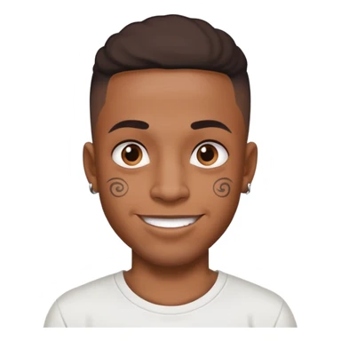 black man with small face tattoos, cheerful expression, wearing a t-shirt sticker