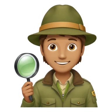  man with brown hair in beige moss green explorer outfit, hat, holding magnifying glass, smile sticker