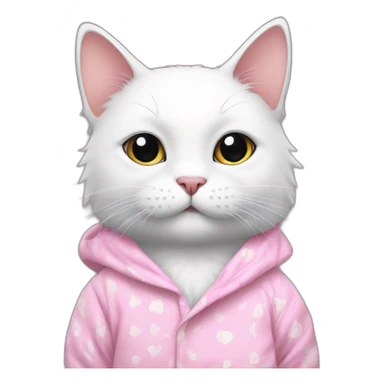 White cat with a pink pyjama with a paw drawed into sticker