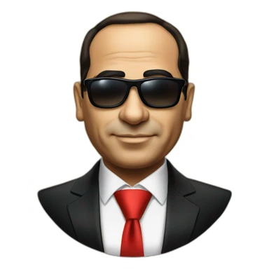 Satirical cartoon Egyptian President Al Sisi in a tuxedo wearing sun glasses with egyptian flag sticker