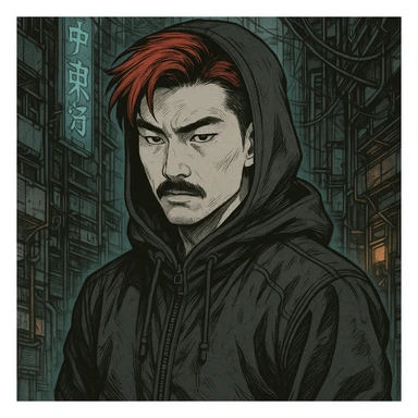 Asian man with black mustache, red hair, black hoodie, Japanese manga style inspired by Ghost in the Shell, cyberpunk atmosphere, detailed linework, monochrome with subtle color accents sticker