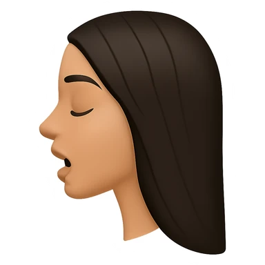 Create a side view (profile) of this woman's head in the normal iPhone emoji style, with closed eyes and an open mouth, smooth shading, no outlines, and long dark hair. Variant 1. The style should replicate the smooth shading and no outlines typical of the iPhone emoji style. sticker