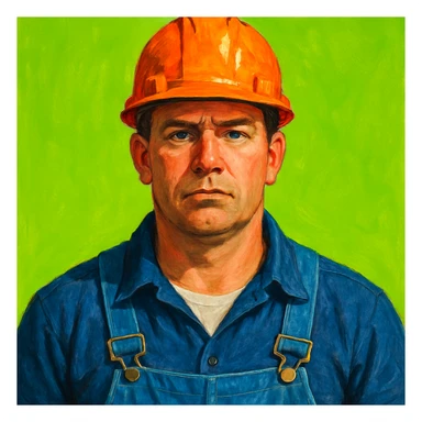 Стиль рисовки - чуть рисованный, насыщенные цвета. Сгенерируй американца-рабочего в каске на однотонном кислотно зелёном фоне. Пусть стоит перпендикулярно камере, смотрит прямо в неё. Ракурс по плечи sticker