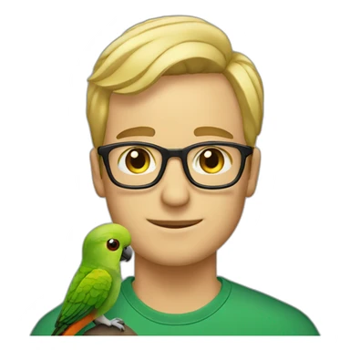 blonde man with glasses and a green cheeked conure on his shoulder sticker