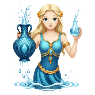 The zodiac symbol Aquarius. A mystical and beautiful water bearer, holding and pouring water into the sea from a large, intricate, and arcane vase sticker