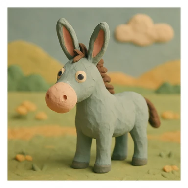 donkey standing in a field, pastel colors, visible fingerprints, playful and textured, claymation style sticker
