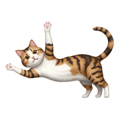 brown tabby and white cat with doing a big extremely long stretch reaching up into the air with arms and legs side by side together straight and overextended whilst lying on its side sticker