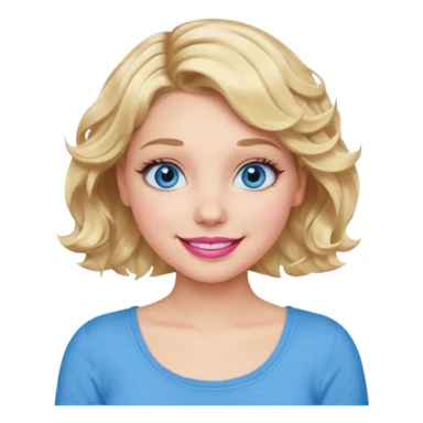 Girl Blonde short wavy hair,  blue eyes, cute blue top, long lashes, pink lips, 👄 big smile sticker