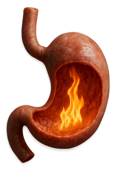 stomaco umano anatomico  con fiamma che brucia all'interno, iperrealistico 4k sticker