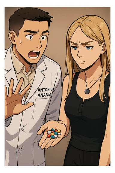 fai un webtoon/manga a colori con questo kinesiologo in camice bianco (fagli la scritta "ANTONIO ANANIA" SUL CAMICE) CHE PARLA CON QUESTA RAGAZZA. LA RAGAZZA HA UN PUGNO DI INTEGRATORI IN MANO (TANTE PILLOLE DIVERSE) E LE GUARDA DUBBIOSA. IL KINESIOLOGO CON IL CAMICE BIANCO LE DOMANDA UNA COSA SCIOCCATO. NON FARE I FUMETTI, FAI SOLO LORO COME SE DIALOGASSERO sticker