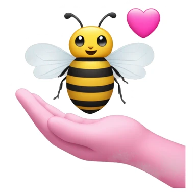 a bee sat on someone’s palm with a pink heart sticker