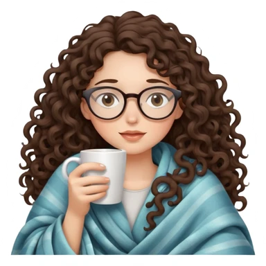 girl brunette Curly long hair and glasses inside a blanket sipping coffee eyes closed sticker