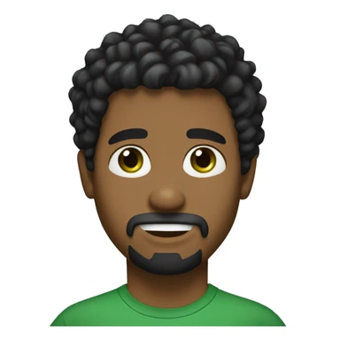 Male with curly black medium length hair and bangs. He wears a black t-shirt and has green eyes. he has a little goatee sticker