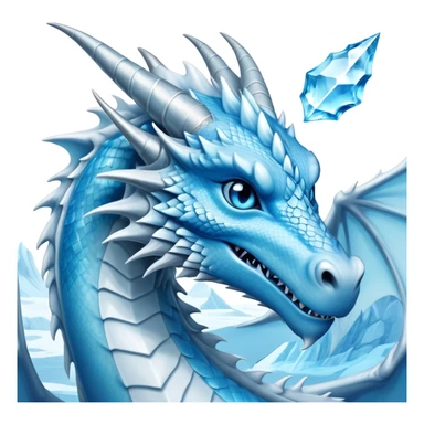 Cinematic Noble wise elegant Ice Dragon Portrait Emoji, Poised and imposing, distinct long elegant snout, with a slender, scaled body shimmering in glacial hues of icy blue, frostbitten silver, and crystalline white, breathing out frost, with piercing, glowing ice blue white eyes that radiate the chilling depths of an arctic storm; rendered in detail. excuding wisdom sticker