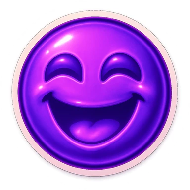 A funny face emote with a neon purple theme, expressing joy, compact and expressive sticker