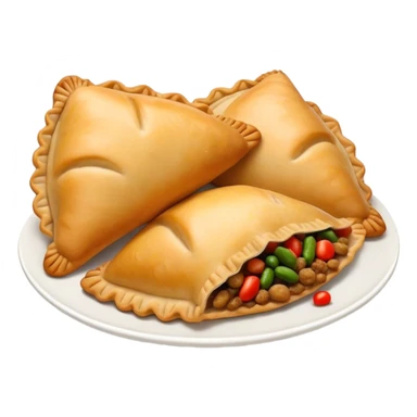 Cinematic Realistic Empanadas Dish Emoji, showcasing crispy fried turnovers filled with spiced meat and vegetables rendered with rich textures and dynamic, appetizing lighting. sticker