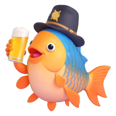 fish holding a beer and wearing a hat sticker