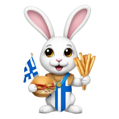 Easter bunny wearing a Greek flag holding a gyros sticker