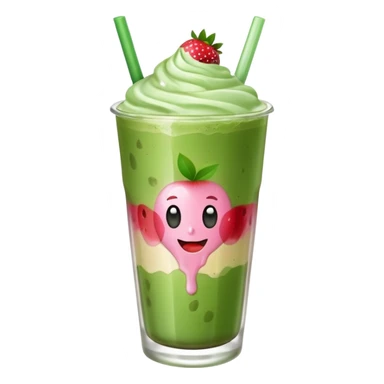 iced matcha latte in a glass with strawberry syrup at the bottom, apple emoji style sticker